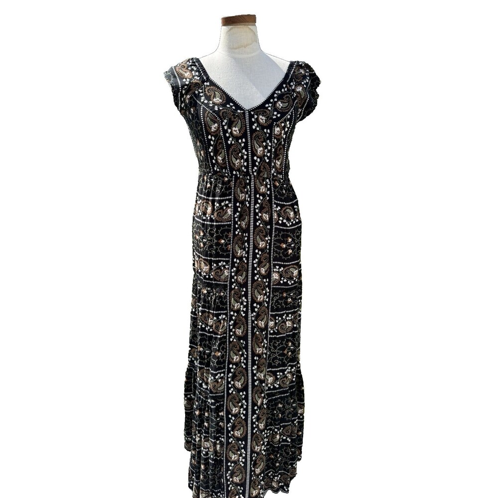 Angie Black Brown Boho Beach Floral Paisley V-Neck Tiered Maxi Dress XS